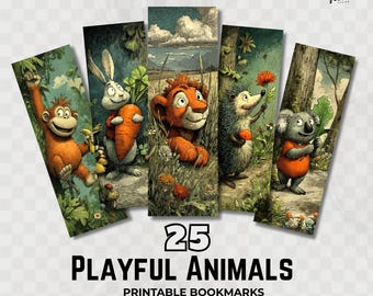 Playful Animal Printable Bookmarks Kids Cute Storybook Bookmark Set PNG JPG PDF 25 Designs