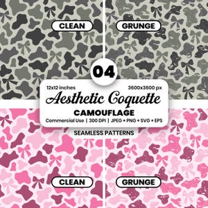 Può includere: Una collezione digitale di quattro motivi senza cuciture con forme mimetiche e fiocchi. Il set include versioni pulite e grunge in palette di colori grigio e rosa. Il testo include 04, Aesthetic Coquette, CAMOUFLAGE, 12x12 inches, 3600x3600 px, Commercial Use, 300 DPI, JPEG + PNG + SVG + EPS, CLEAN, GRUNGE e SEAMLESS PATTERNS.