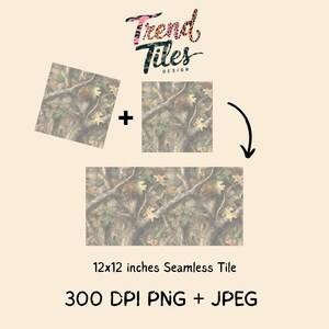 May include: Seamless tile design featuring a camouflage pattern with brown, green, and yellow tones. The image shows three tiles, two squares and one rectangle, with the text "Trend Tiles Design" and "12x12 inches Seamless Tile".