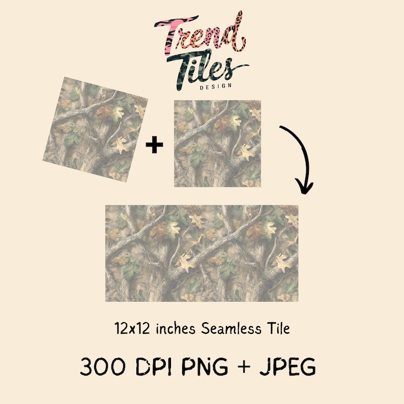 May include: Seamless tile design featuring a camouflage pattern with brown, green, and yellow tones. The image shows three tiles, two squares and one rectangle, with the text "Trend Tiles Design" and "12x12 inches Seamless Tile".
