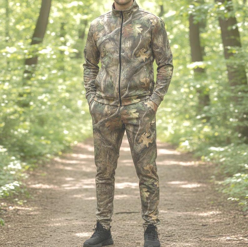 May include: A full camouflage track suit, featuring a zip-up jacket and matching pants. The outfit is in a woodland pattern with shades of brown, green, and tan. The jacket has a high collar and the pants have a slim fit. Black shoes complete the look.