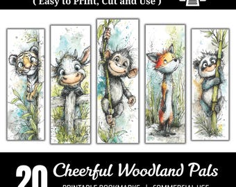 Cheerful Pals Printable Bookmarks PDF, Whimsical Watercolor Animal Bookmarks for Kidcore and Crafts, Digital Download,PNG JPEG,Fussy Cuts