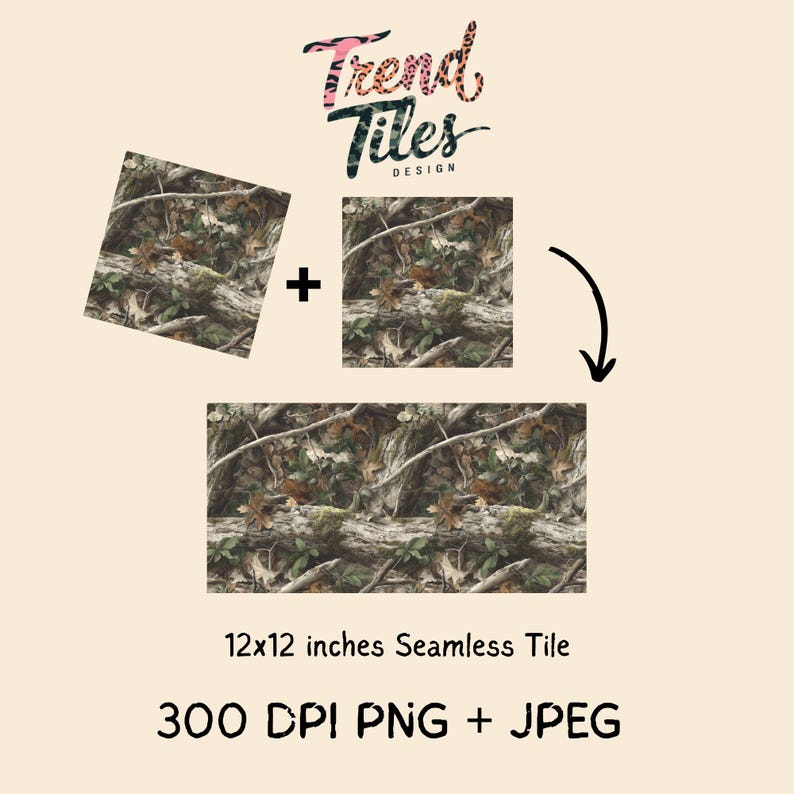 Puede incluir: Dise&ntilde;o de azulejo sin costuras con un patr&oacute;n de camuflaje en tonos marr&oacute;n, verde y beige. La imagen incluye el texto "Trend Tiles Design" y "12x12 inches Seamless Tile". Formatos de archivo: 300 DPI PNG + JPEG.