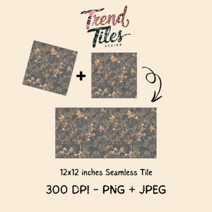 May include: Seamless tile design with a floral pattern in shades of gray, brown, and yellow. The image includes three tiles, one rectangular and two square, with the text "Trend Tiles Design" and "12x12 inches Seamless Tile".
