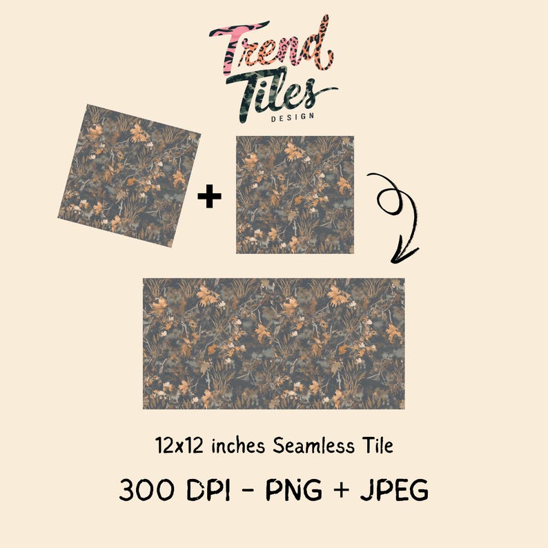 May include: Seamless tile design with a floral pattern in shades of gray, brown, and yellow. The image includes three tiles, one rectangular and two square, with the text "Trend Tiles Design" and "12x12 inches Seamless Tile".