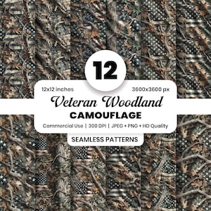 May include: A collection of seamless camouflage patterns with a woodland theme. The patterns incorporate elements of the American flag and natural foliage in shades of brown, green, and tan. The image includes text that reads "Veteran Woodland CAMOUFLAGE".