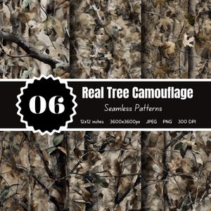 Puede incluir: Seis patrones de camuflaje sin costuras con corteza y follaje de árboles realistas en tonos marrón, beige y verde. La imagen incluye el texto "Real Tree Camouflage Seamless Patterns" y dimensiones de 30,48 x 30,48 cm.