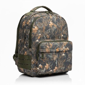 May include: A camouflage backpack with a front pocket and green accents. The backpack features a handle, shoulder straps, and side straps. The camouflage pattern includes shades of brown, green, and tan.