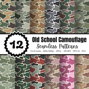 May include: A collection of 12 seamless camouflage patterns in various color schemes, including green, brown, gray, and pink. The patterns are designed in a retro style, with a repeating organic shape. The image includes the text "Old School Camouflage Seamless Patterns."