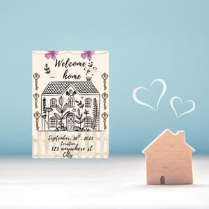 Könnte beinhalten: Eine Willkommenskarte mit einer Hausillustration, floralen Akzenten und dem Text "Welcome home". Die Karte enthält das Datum "30. September 2025" und einen Ort. Ein Holzhaus und Herzformen befinden sich im Vordergrund.