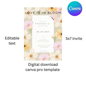 Könnte beinhalten: Eine digitale Einladung zur Brautparty mit floralem Design. Die Einladung zeigt den Text "Love is in Bloom" und Details für die Veranstaltung, einschließlich Datum, Uhrzeit und Ort. Das Design umfasst Aquarellblumen in Rosa, Gelb und Weiß. Digitaler Download im Format 5x7.