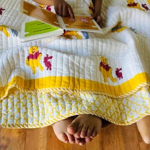 Winnie the Pooh Baby Quilt, Reversible Hand Block Printed Cotton Blanket, Classic Storybook Crib Bedding, Handmade Baby Shower Gift