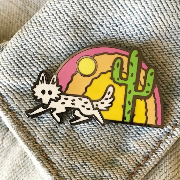 Desert Coyote Cactus Sunset Enamel Pin