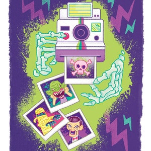 May include: A vintage-style instant camera with a purple and white design, surrounded by green and purple splatter paint. The camera is holding four instant photos, each featuring a different monster: a green monster with a toothy grin, a mummy, a ventriloquist dummy, and a skull with crossbones.