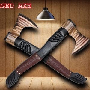 May include: Two crossed forged axes with wooden handles and brown leather-wrapped grips. The axe heads have a light brown, layered design. The text "FORGED AXE" is displayed in red at the top.