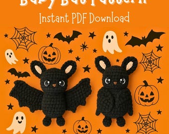 May include: An orange background with the text "Baby Bat Pattern" and "Instant PDF Download". Two black crochet bats are featured, one with outstretched wings. The image also includes Halloween-themed illustrations of pumpkins, ghosts, spiderwebs, and stars.