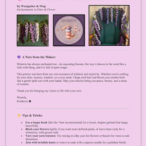 K&ouml;nnte beinhalten: Ein H&auml;kelmuster mit dem Titel "Wisteria Dreams" von Woolgather & Wisp. Das Muster enth&auml;lt Bilder einer Wisterien-Girlande. Der Text enth&auml;lt Tipps und Tricks zum H&auml;keln der Girlande. Das Farbschema ist lila, gr&uuml;n und wei&szlig;.