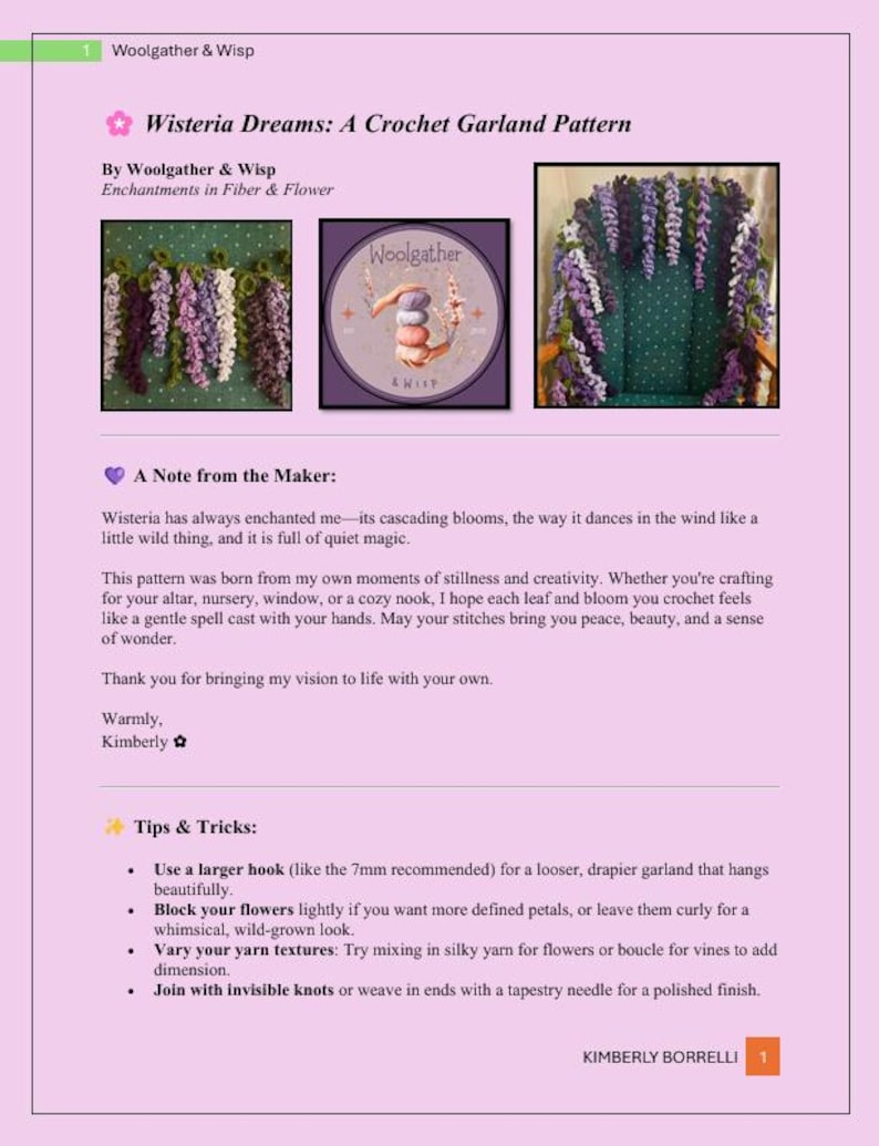 K&ouml;nnte beinhalten: Ein H&auml;kelmuster mit dem Titel "Wisteria Dreams" von Woolgather & Wisp. Das Muster enth&auml;lt Bilder einer Wisterien-Girlande. Der Text enth&auml;lt Tipps und Tricks zum H&auml;keln der Girlande. Das Farbschema ist lila, gr&uuml;n und wei&szlig;.