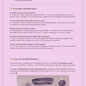 K&ouml;nnte beinhalten: Eine Seite von Woolgather & Wisp mit Text &uuml;ber ein H&auml;kelmuster. Die Seite enth&auml;lt FAQs zu Garnempfehlungen, H&auml;kelnadelgr&ouml;&szlig;en und dem Verkauf fertiger Artikel. Das Woolgather & Wisp-Logo befindet sich unten.