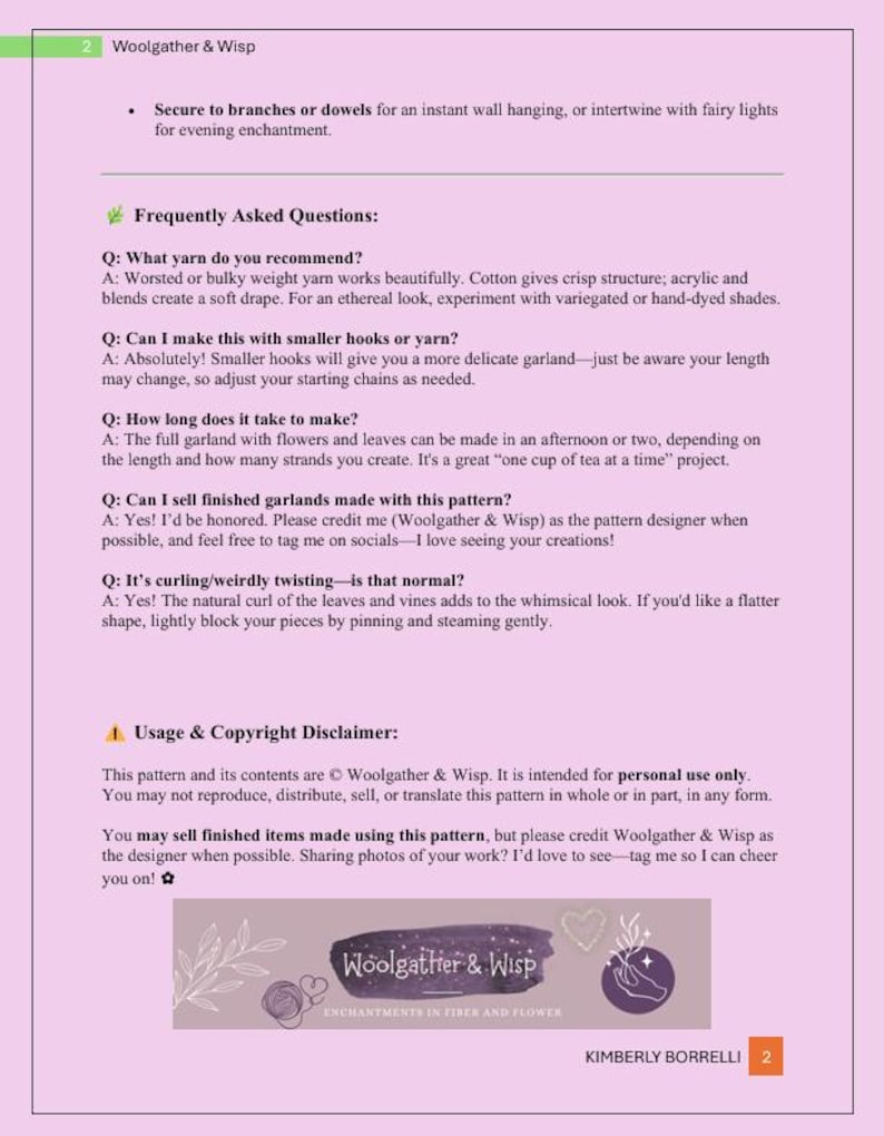 K&ouml;nnte beinhalten: Eine Seite von Woolgather & Wisp mit Text &uuml;ber ein H&auml;kelmuster. Die Seite enth&auml;lt FAQs zu Garnempfehlungen, H&auml;kelnadelgr&ouml;&szlig;en und dem Verkauf fertiger Artikel. Das Woolgather & Wisp-Logo befindet sich unten.