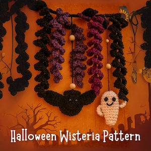 May include: A Halloween-themed crochet wisteria pattern with a black bat and a white ghost. The wisteria is in shades of black, purple, and burgundy, with wooden beads. The text "Halloween Wisteria Pattern" is at the bottom.