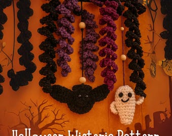 May include: A Halloween-themed crochet wisteria pattern with a black bat and a white ghost. The wisteria is in shades of black, purple, and burgundy, with wooden beads. The text "Halloween Wisteria Pattern" is at the bottom.