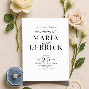 Invito di nozze minimalista, biglietto d'invito per cerimonia boho stampabile, modello di matrimonio moderno e semplice, invito classico ed elegante modificabile 5x7-WED01