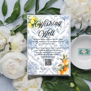 Modèle de carte de voeux de mariage floral bleu, thème Agrumes, conception sur toile modifiable, papeterie de mariage élégante imprimable - WED03