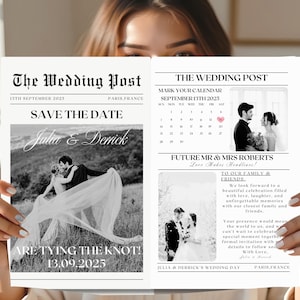 Modelo de reserva de data em jornal – Anúncio de casamento vintage, convite editável para impressão, cartão de noivado estilo jornal antigo - WED02