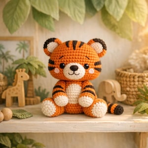 Puede incluir: Un juguete de tigre tejido a mano en naranja y negro con detalles blancos. El tigre tiene rayas negras y una cara sonriente. Está colocado sobre una estantería blanca, con figuras de animales de madera en el fondo, creando una escena lúdica.
