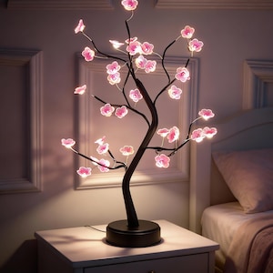 Körsbärsblomsträdslampa | Nattlampa med beröringssensor | LED-bonsaibordslampa | USB-driven skrivbordsdekoration | Rosa blomträdslampa