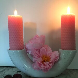 Pink Beeswax Candles, Two Beeswax Candles in U-shaped Candle Holder