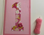 Pink Number One Candle + Handmade Birthday Card, Birthday Candle, First Birthday Gift, Cake Decorations, First Birthday Decor