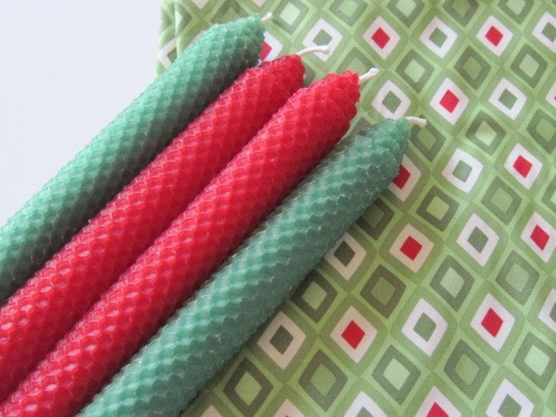 Red and Green Beeswax Tapers, Christmas Beeswax Candles, Dinner Candles, Candles for Cozy Romantic Evenings, Beeswax Tapers image 3