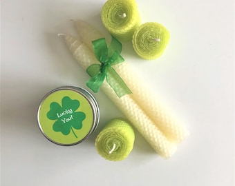 St. Patty's Day Beeswax Candles, St. Patty's Day Decor, Hand-Rolled Beeswax Candles, Green Candles, Candle Gift Set, Shamrock Candles