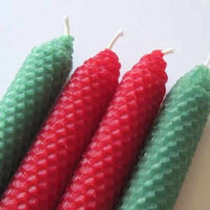 Red and Green Beeswax Tapers, Christmas Beeswax Candles, Dinner Candles, Candles for Cozy Romantic Evenings, Beeswax Tapers image 2