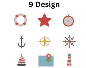 Peut inclure: Neuf motifs sur le thème nautique sur fond blanc. Les motifs comprennent une bouée de sauvetage, une étoile rouge, une boussole, une ancre, une rose des vents, un gouvernail, un voilier, une carte avec un marqueur de localisation et un phare. Le texte "9 Design" est en haut.