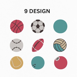 May include: Nine sports-themed designs are displayed, including a basketball, soccer ball, baseball, football, volleyball, tennis ball, bowling ball, and an eight-ball. The text "9 DESIGN" is at the top.