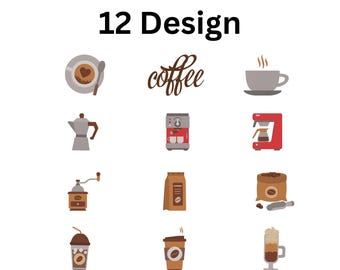 Puede incluir: Una colección de 12 diseños con temática de café. Los diseños incluyen una taza de café con un diseño en forma de corazón, granos de café, una cafetera, un molinillo de café y una taza de café para llevar con una pajita. También se muestra la palabra "coffee".