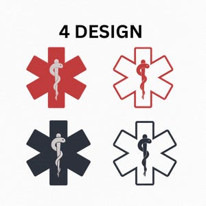 Może przedstawiać: Cztery projekty symbolu Gwiazdy Życia, sześcioramiennej gwiazdy z laską i wężem. Projekty obejmują czerwone, obrysowane czerwone, granatowe i obrysowane czarne gwiazdy. U góry znajduje się napis "4 DESIGN".