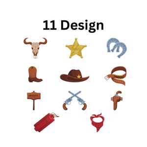 Op de afbeelding: Een illustratie met elf cowboy-thema ontwerpen. Inbegrepen zijn een schedel van een stier, een sheriff-badge, hoefijzers, een cowboylaars, een hoed, een riem, een bord, gekruiste pistolen, een holster, dynamiet en een bandana. De tekst "11 Design" staat bovenaan.
