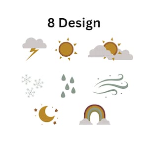 May include: White background with eight weather-themed designs. Designs include a cloud with lightning, a sun, a sun behind clouds, snowflakes, raindrops, wind, a crescent moon with stars, and a rainbow.