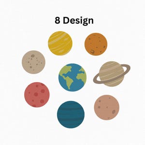 May include: An illustration of eight planet designs, including Earth, Saturn, and Mars. The planets are in various colors, such as yellow, orange, blue, and red. The text "8 Design" is at the top.