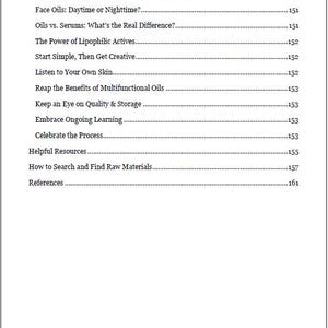 Image displaying an additional Table of Contents page from the Science-Backed Facial Oil Serums Guide, outlining chapters on botanical oils, formulation principles, ingredient functions and practical tips for DIY skincare formulators.