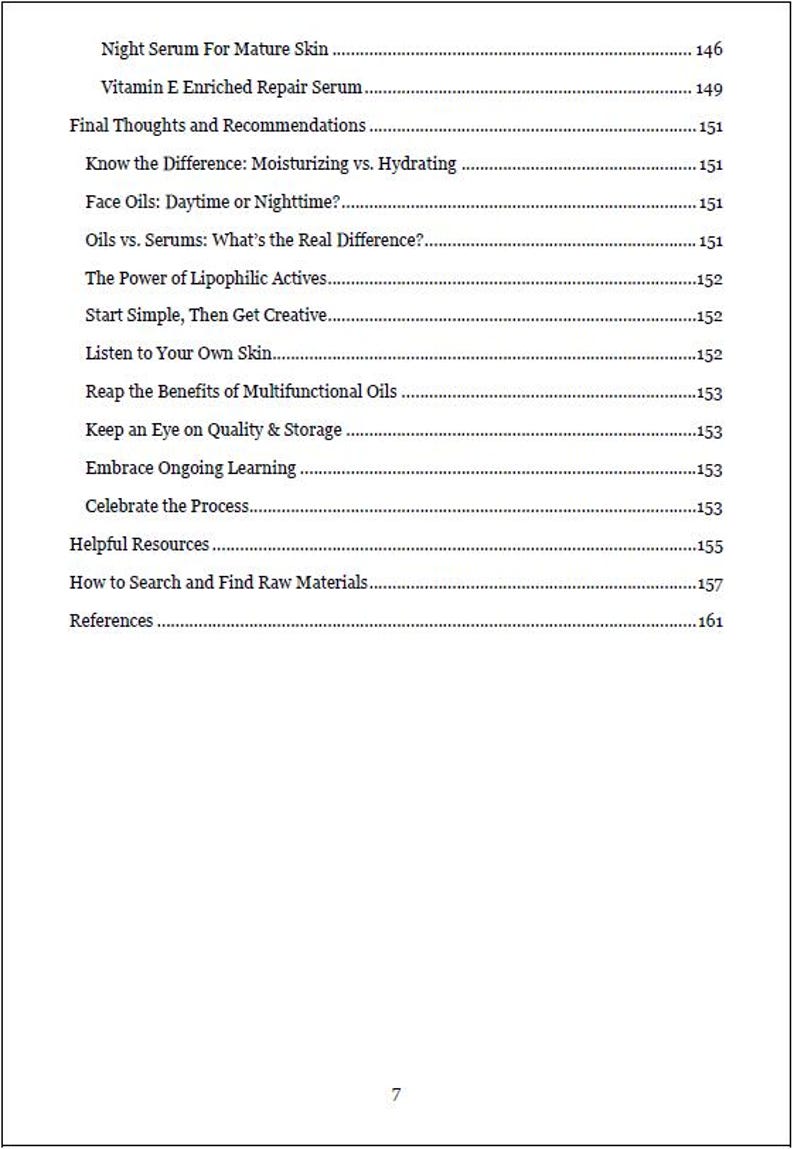 Image displaying an additional Table of Contents page from the Science-Backed Facial Oil Serums Guide, outlining chapters on botanical oils, formulation principles, ingredient functions and practical tips for DIY skincare formulators.