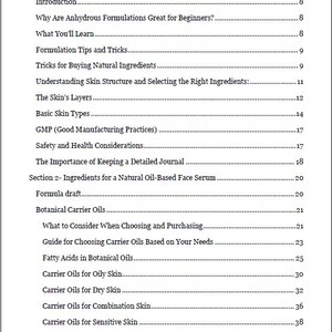 Image showing the Table of Contents page from the Science-Backed Facial Oil Serum Formulation Guide. Sections include anhydrous formulation basics, skin structure, GMP, ingredient selection and botanical carrier oils.