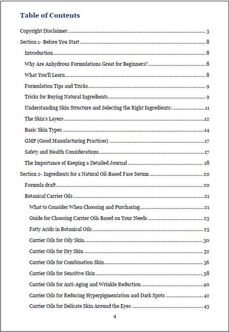Image showing the Table of Contents page from the Science-Backed Facial Oil Serum Formulation Guide. Sections include anhydrous formulation basics, skin structure, GMP, ingredient selection and botanical carrier oils.