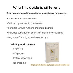 Image showing a detailed feature breakdown of the Science-Backed Facial Oil Serum Formulation Guide. The graphic lists the guide’s key benefits, including science-backed formulas, chemical engineer authorship, DIY-friendly content and substitution charts. A small book mockup appears on the right side, with a note stating that this is a digital product with no physical shipping.