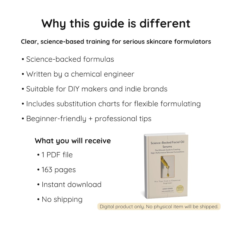 Image showing a detailed feature breakdown of the Science-Backed Facial Oil Serum Formulation Guide. The graphic lists the guide’s key benefits, including science-backed formulas, chemical engineer authorship, DIY-friendly content and substitution charts. A small book mockup appears on the right side, with a note stating that this is a digital product with no physical shipping.