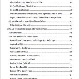 Close-up image of the eBook’s Table of Contents featuring chapters on carrier oils for different skin needs, substitution guidance and beginner-friendly formulation lessons.